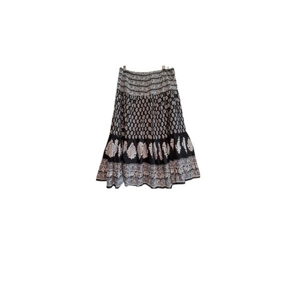 Chaps Skirt Midi Black White Block Print Tiered Cotton Zipper Lined 6 Boho